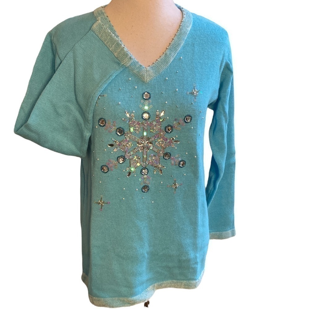 🌟Quacker Factory 3D Sky Blue Background Cotton Ramie Grandmacore Sweater Size S